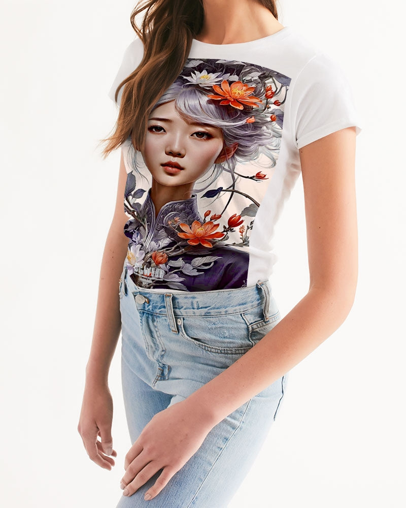 Beautiful Asian woman grey hair blossom Women's All-Over Print Tee