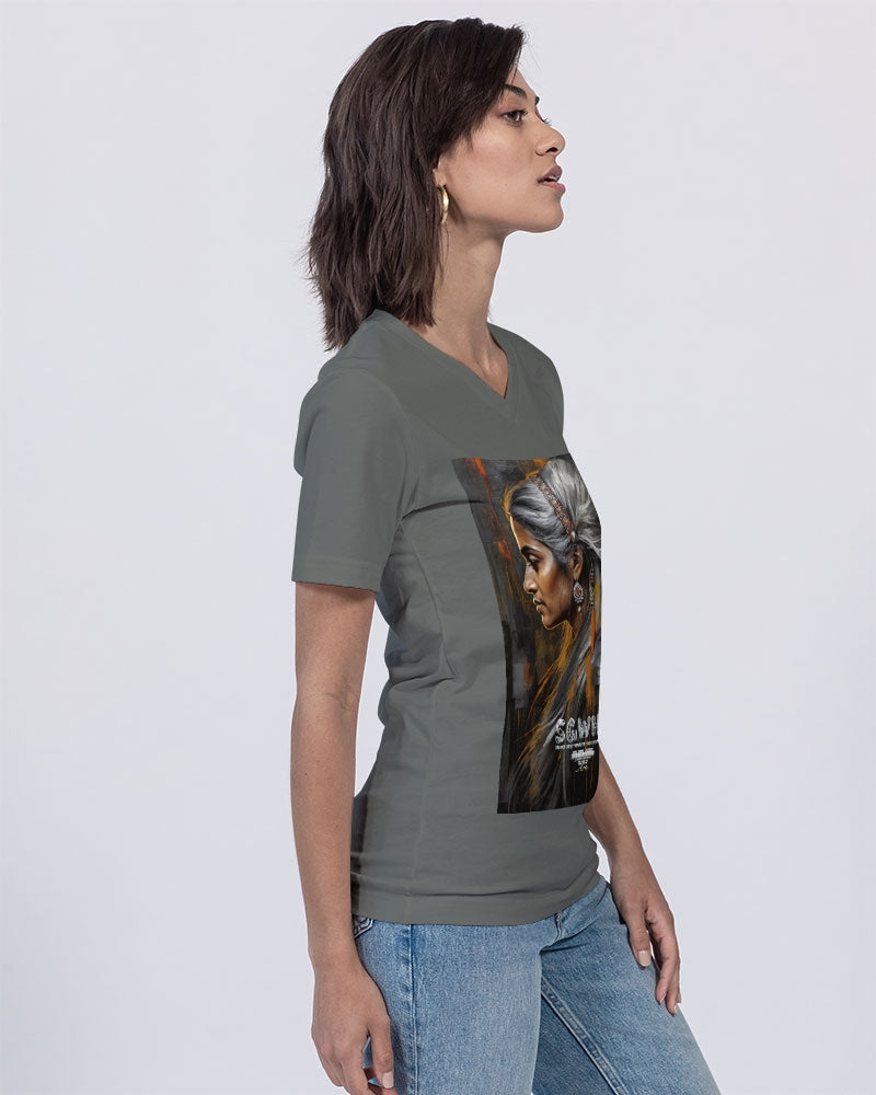 South Asian silver grey white hair sisters portrait [2] Unisex Jersey V-Neck Tee | Bella + Canvas