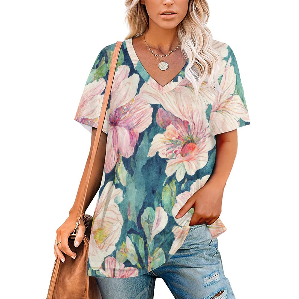 2024 New V Neck Short-sleeve Women Shirt Printed