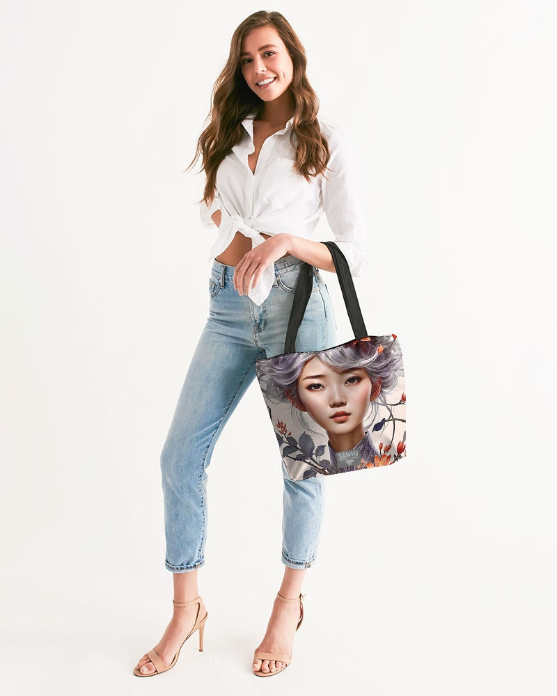 Beautiful Asian woman grey hair blossom Canvas Zip Tote