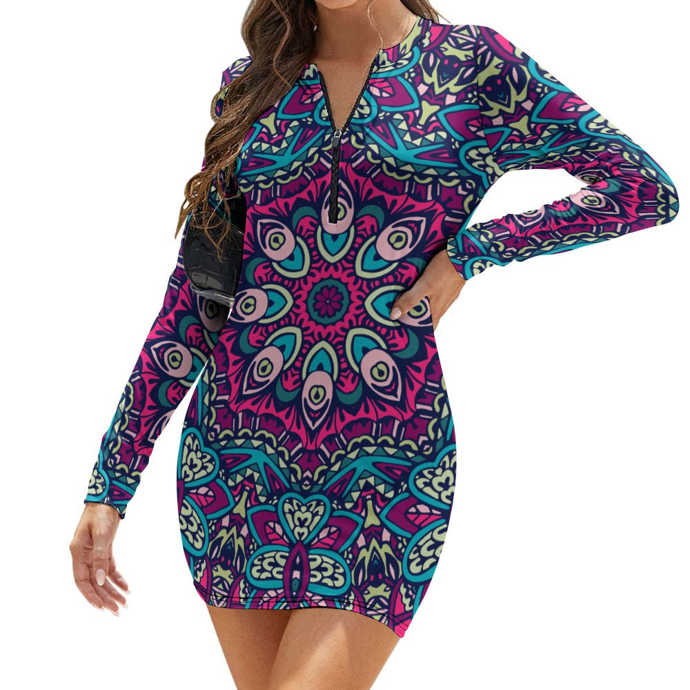 Women's Zipper Long Sleeve Hip Dress