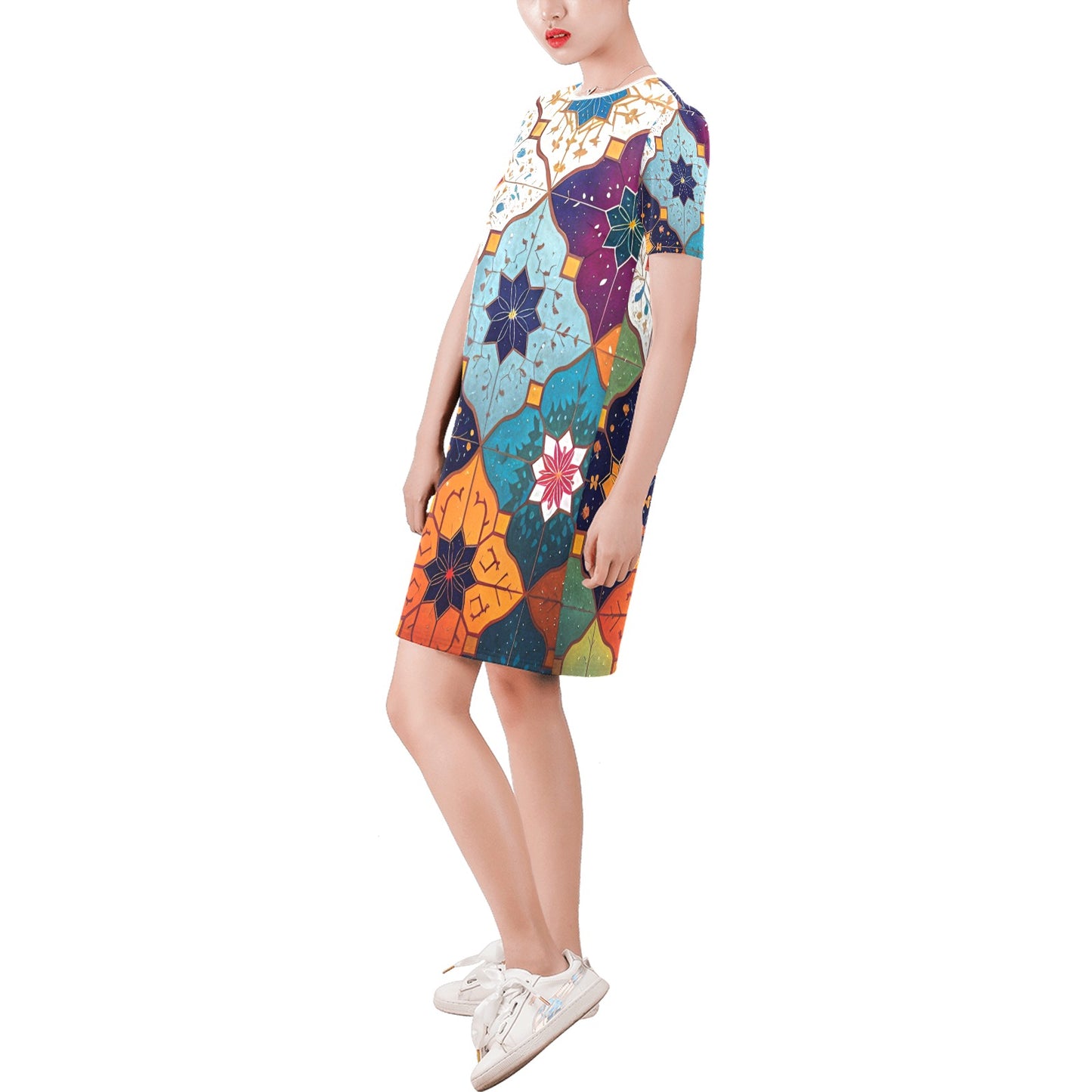 Short-Sleeve Round Neck A-Line Dress (Model D47)