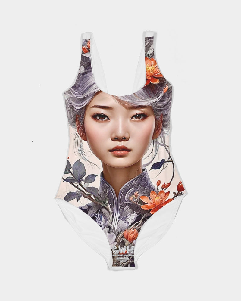 Beautiful Asian woman grey hair blossom Women's All-Over Print One-Piece Swimsuit