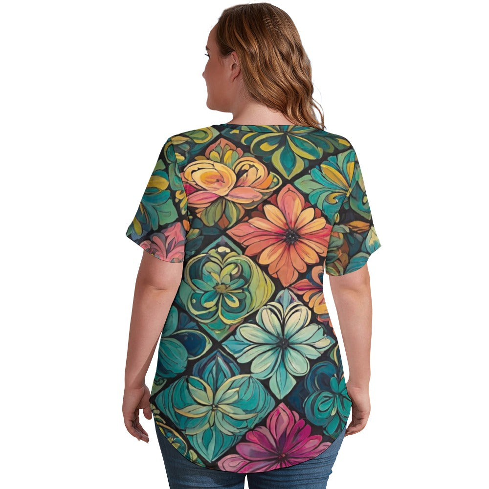 2024 New V Neck Short-sleeve Women Shirt Printed