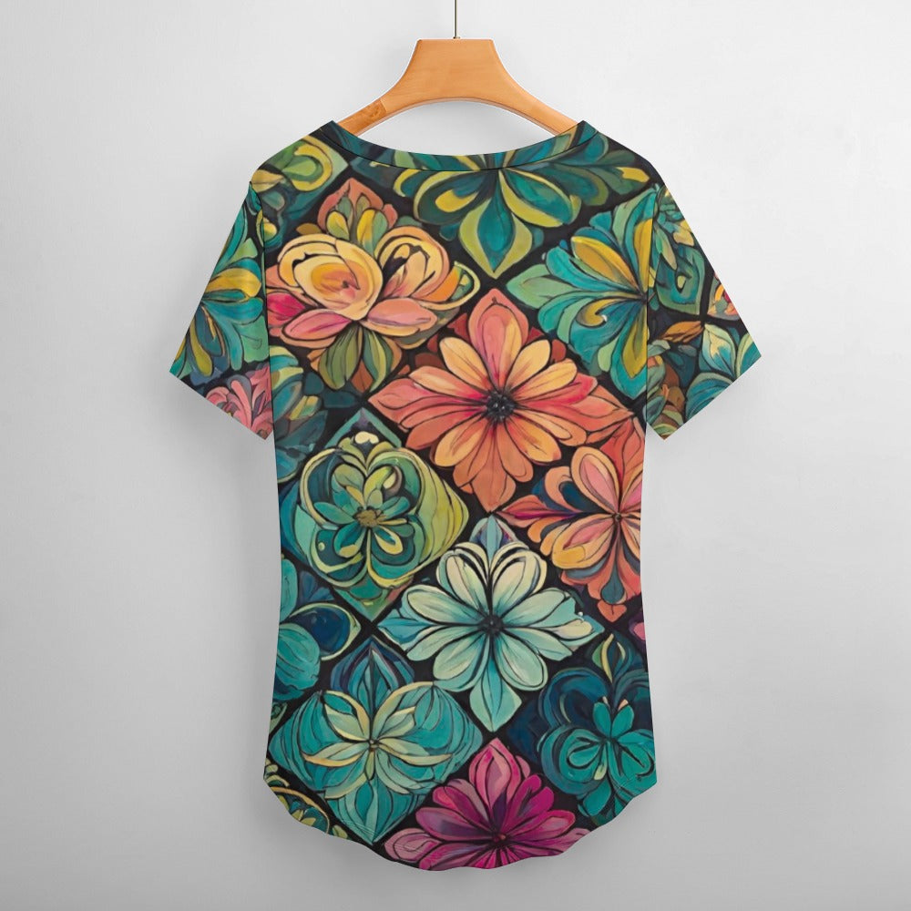 2024 New V Neck Short-sleeve Women Shirt Printed