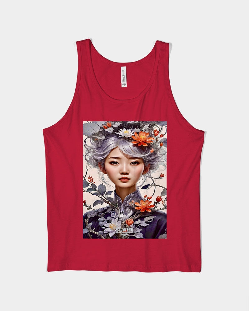 Beautiful Asian woman grey hair blossom Unisex Jersey Tank | Bella + Canvas