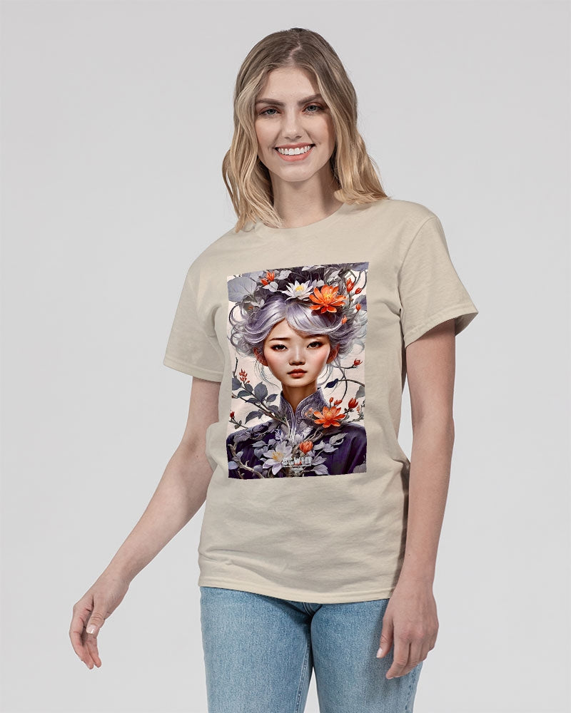 Beautiful Asian woman grey hair blossom Unisex Ultra Cotton T-Shirt | Gildan