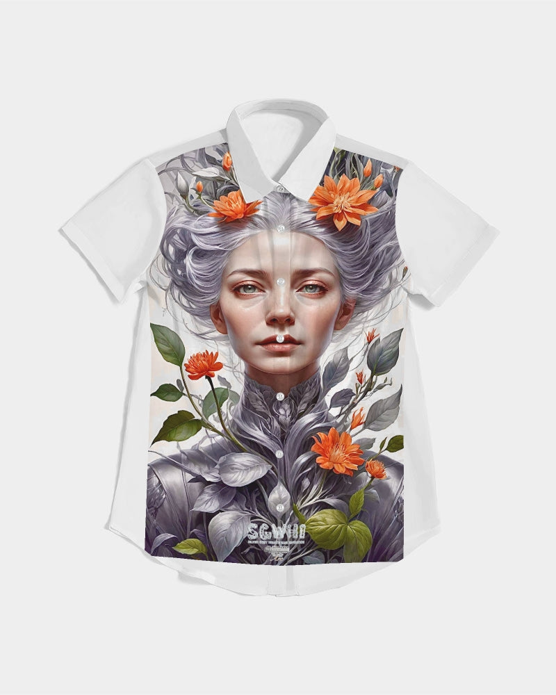 Beautiful white sister grey hair blossom Women's All-Over Print Short Sleeve Button Up