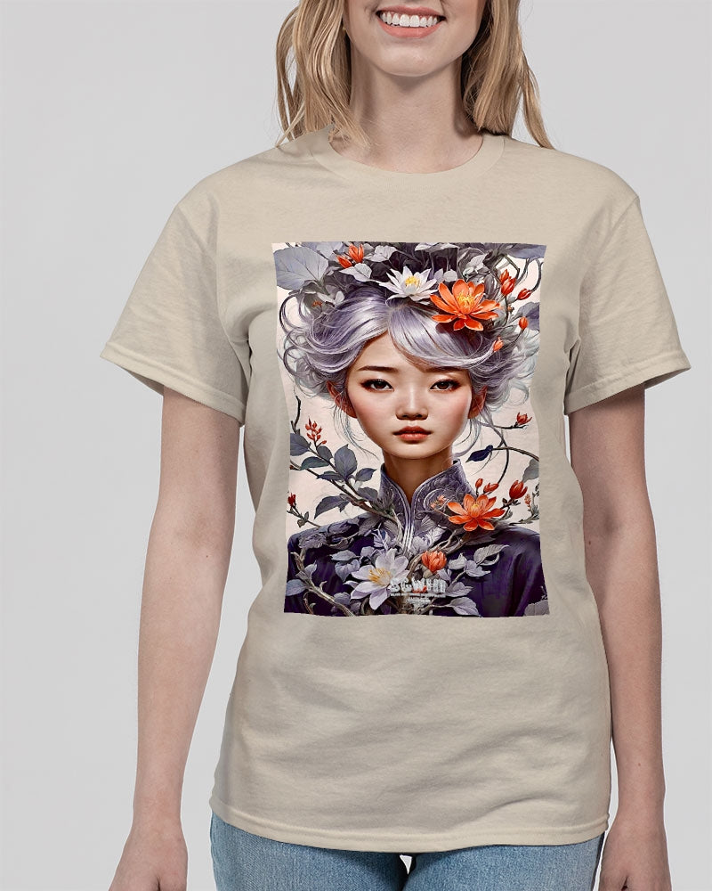 Beautiful Asian woman grey hair blossom Unisex Ultra Cotton T-Shirt | Gildan