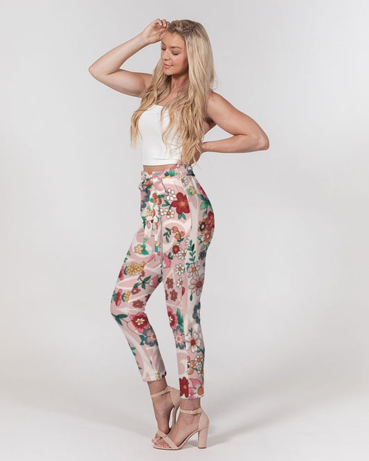 Pink abstract Pretty Sisters Women's All-Over Print Belted Tapered Pants