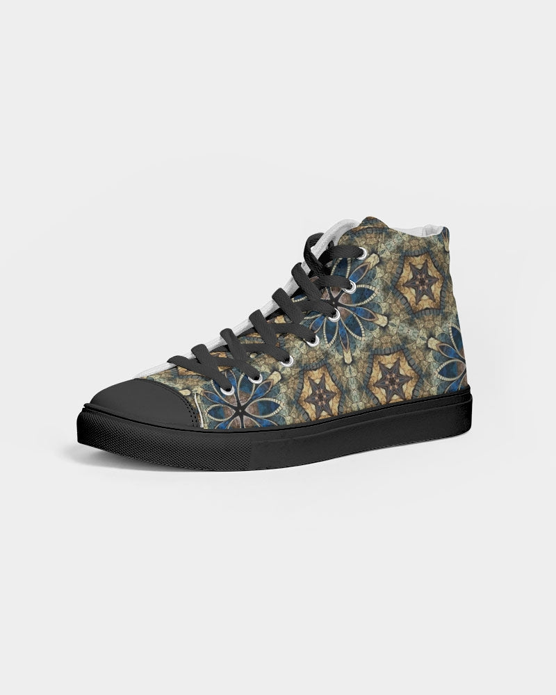 Green & Dark Blue almost star pattern. Men's Hightop Canvas Shoe - Black