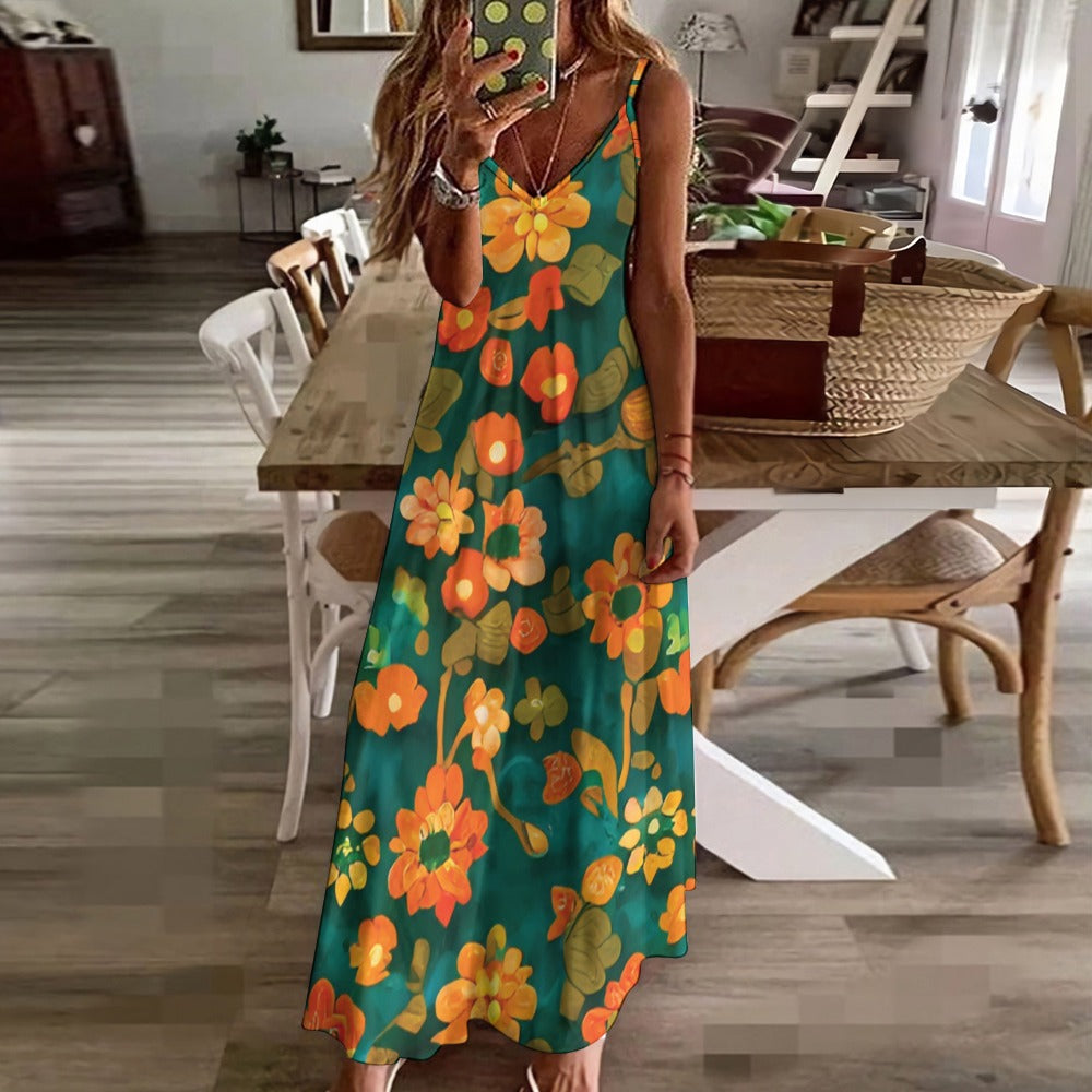 Orange flower and green Sling Ankle Long Dress