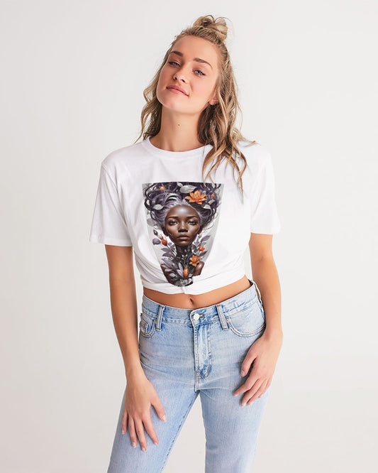 Beautiful black silver grey hair blossom women Women's All-Over Print Twist-Front Cropped Tee