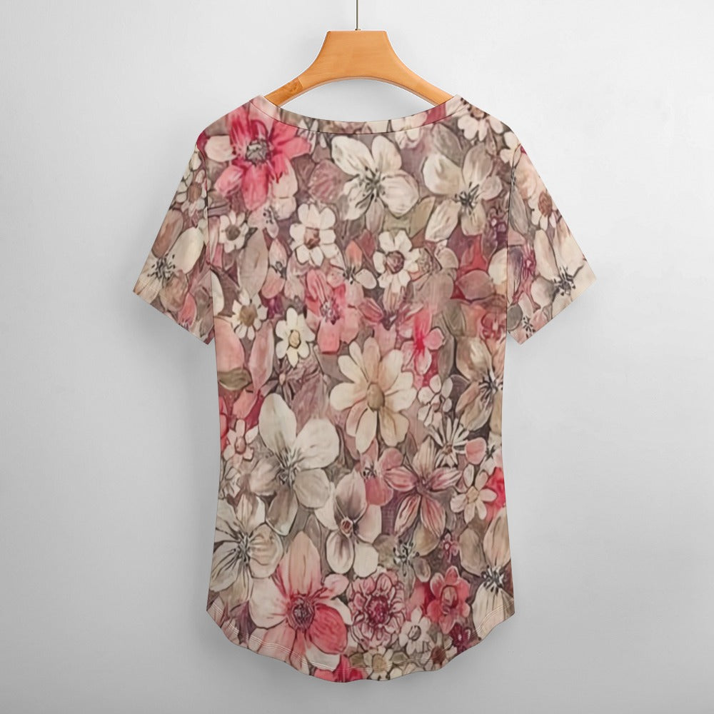 2024 New V Neck Short-sleeve Women Shirt Printed