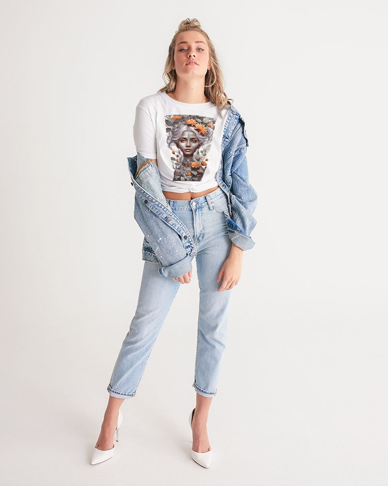 Blossom Indian Grey sister Women's All-Over Print Twist-Front Cropped Tee