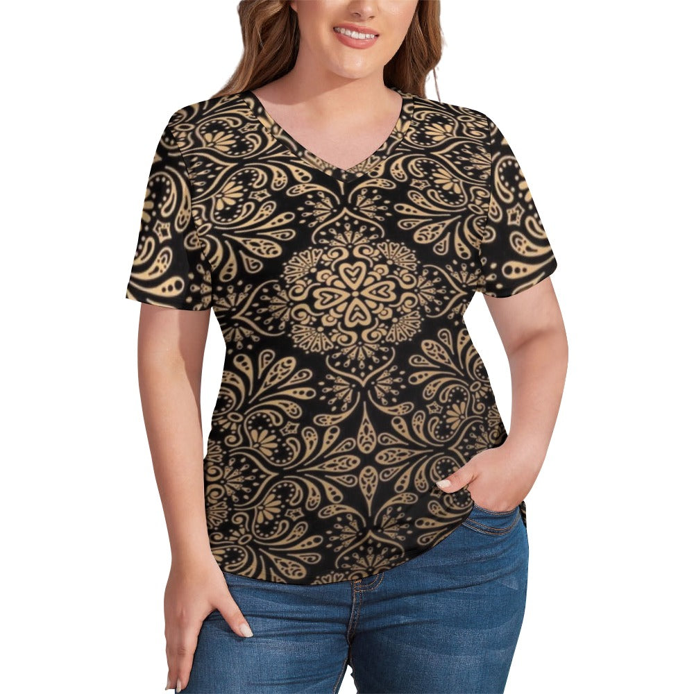 2024 New V Neck Short-sleeve Women Shirt Printed