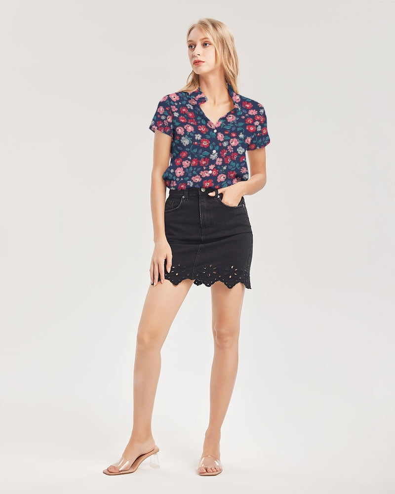 Midnight blue pretty glance.  Women's All-Over Print Short Sleeve Button Up