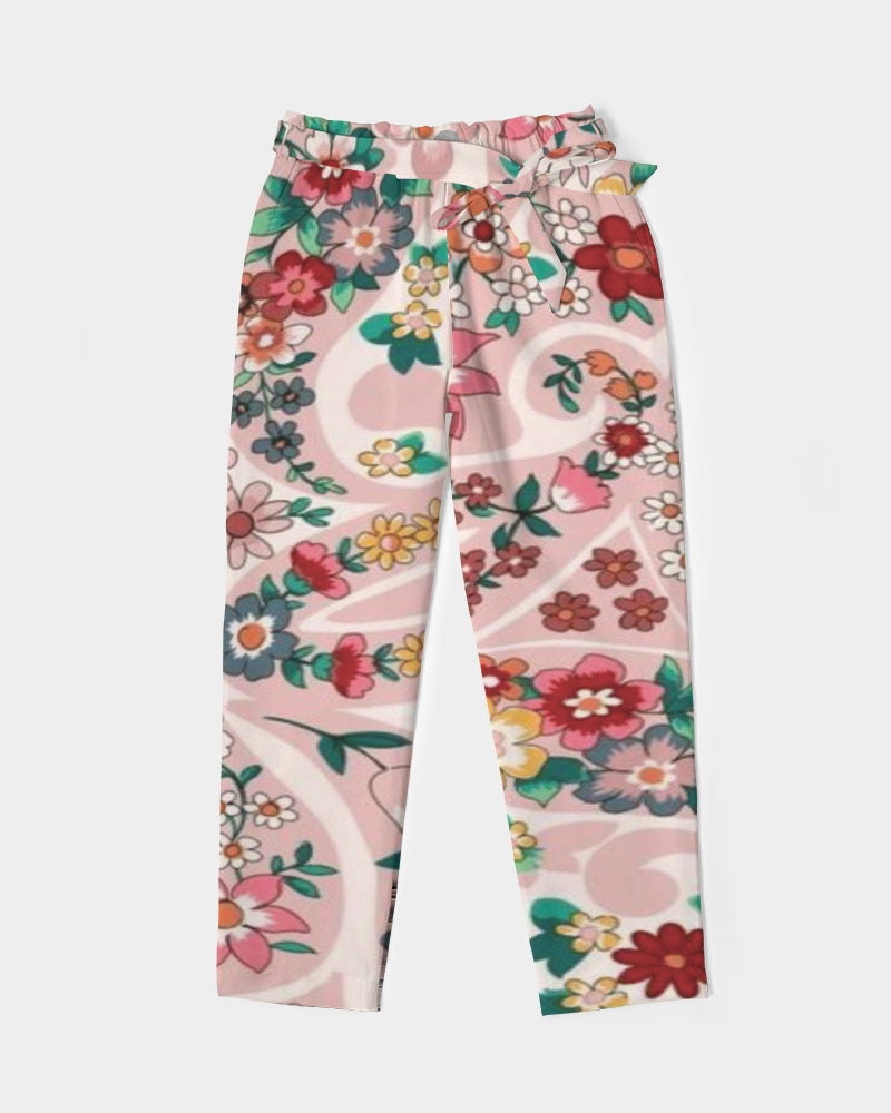 Pink abstract Pretty Sisters Women's All-Over Print Belted Tapered Pants