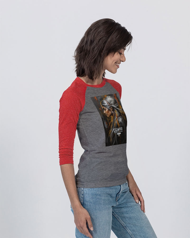 South Asian silver grey white hair sisters portrait [2] Unisex Three-Quarter Sleeve Baseball Tee | Bella + Canvas