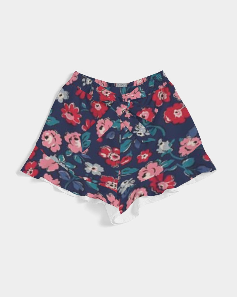 Midnight blue pretty glance.  Women's All-Over Print Ruffle Shorts