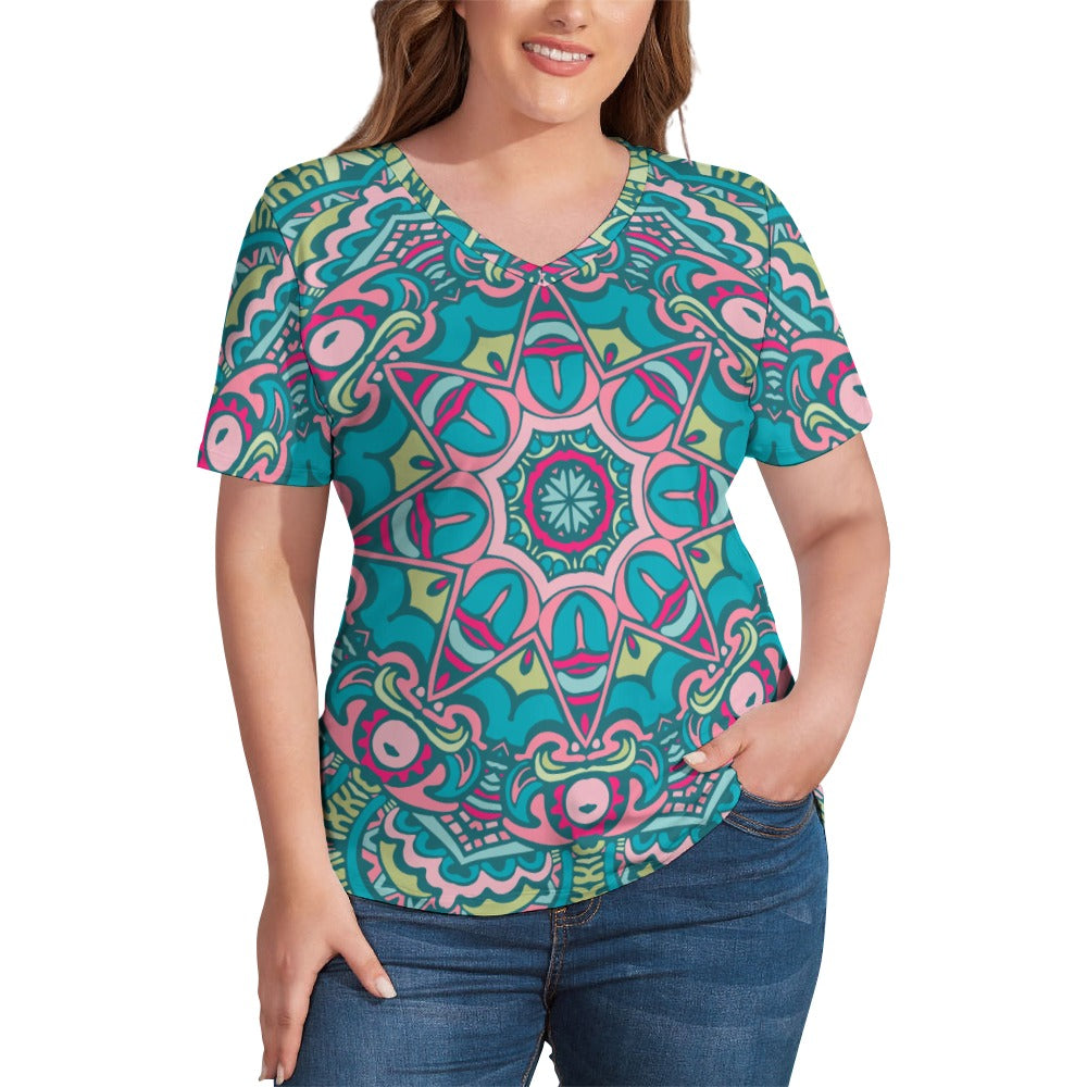 2024 New V Neck Short-sleeve Women Shirt Printed