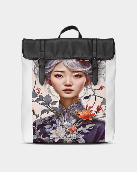 Beautiful Asian woman grey hair blossom Casual Flap Backpack