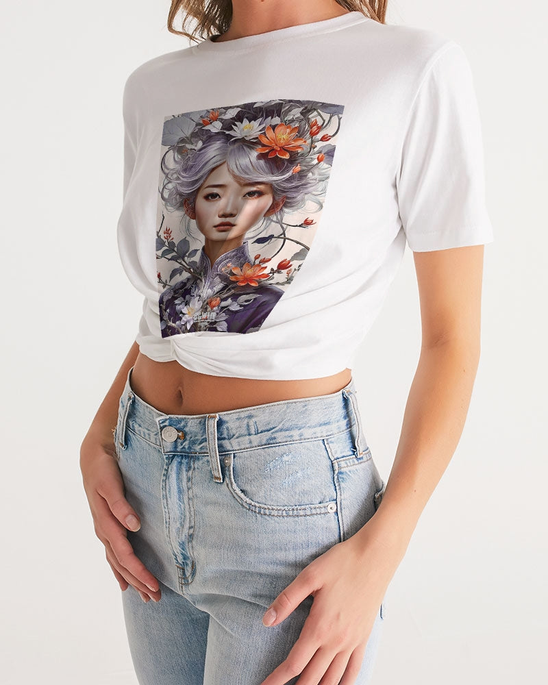 Beautiful Asian woman grey hair blossom Women's All-Over Print Twist-Front Cropped Tee