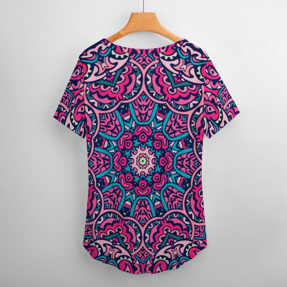 2024 New V Neck Short-sleeve Women Shirt Printed