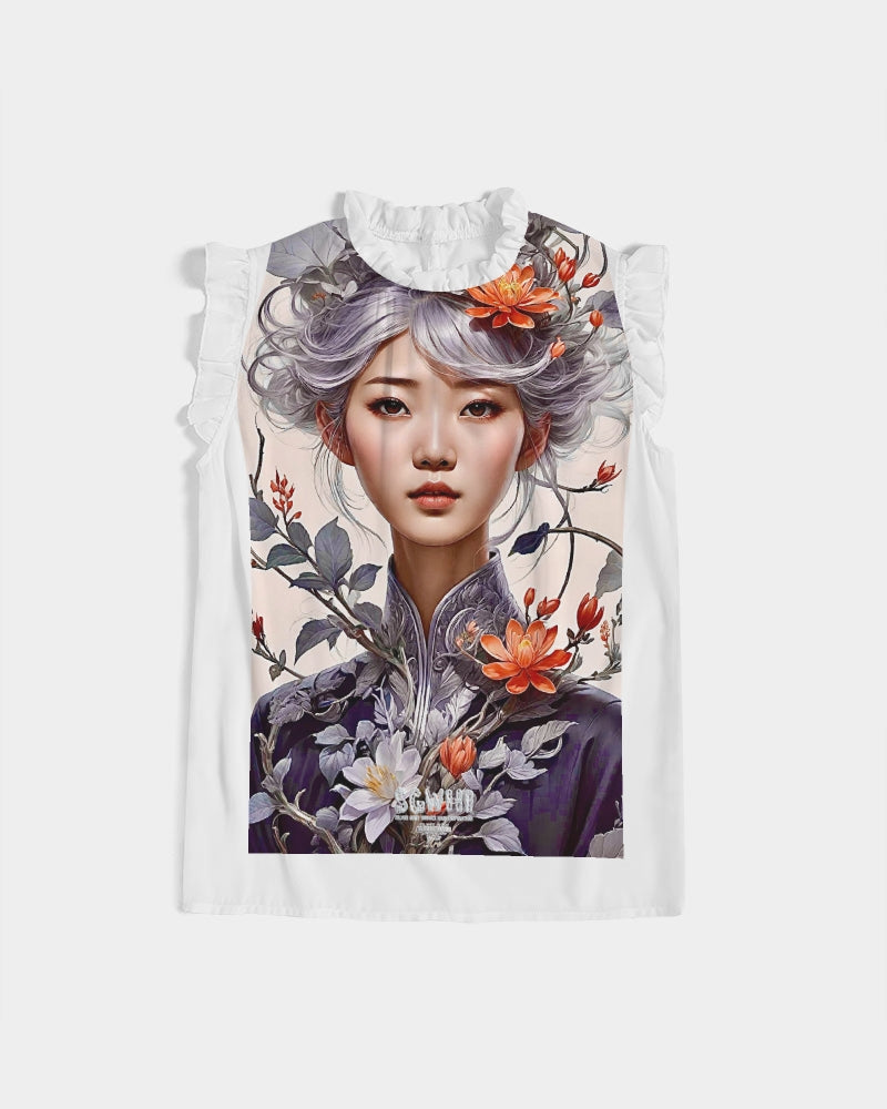 Beautiful Asian woman grey hair blossom Women's All-Over Print Ruffle Sleeve Top