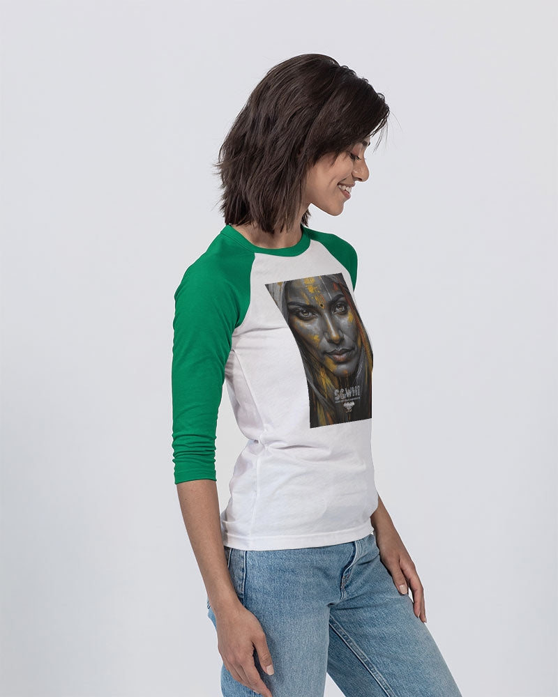 South Asian silver grey white hair sisters portrait [3] Unisex Three-Quarter Sleeve Baseball Tee | Bella + Canvas