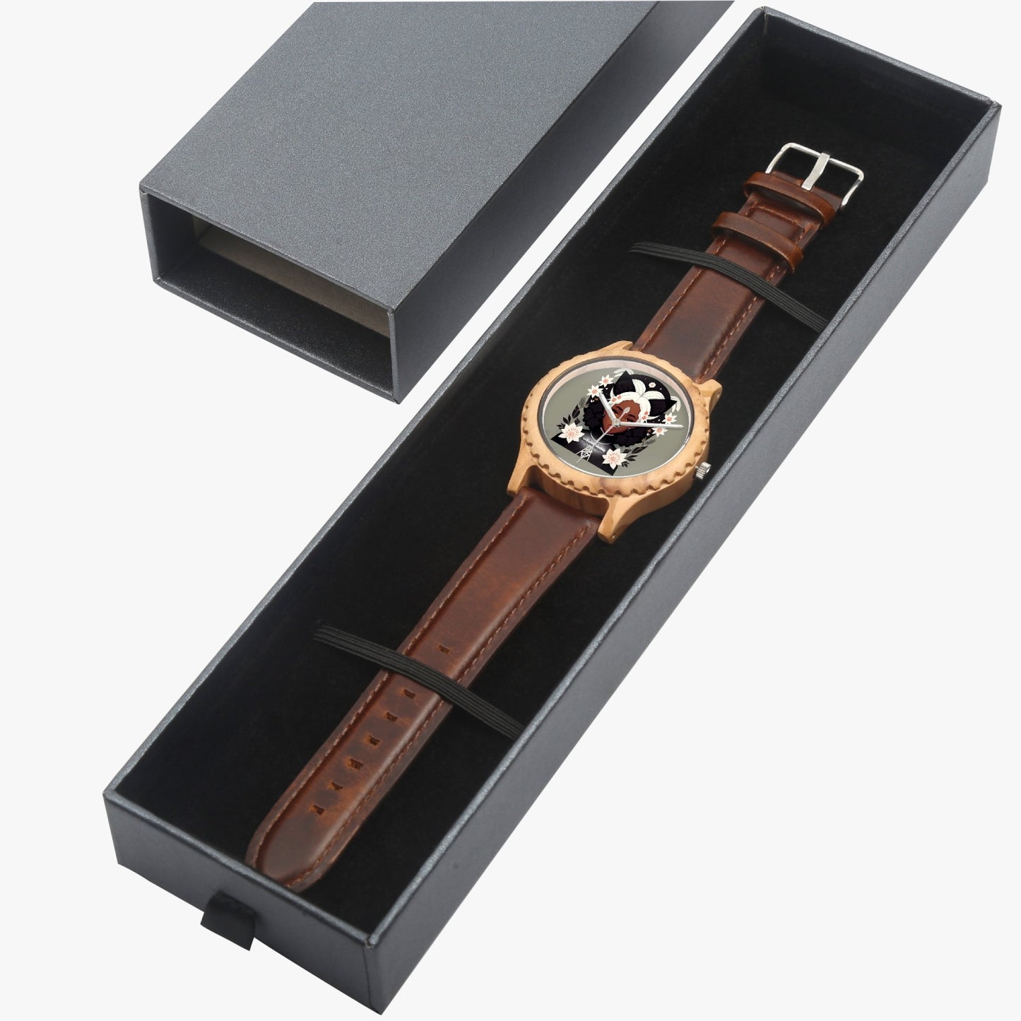 Nubian Silverfox Italian Olive Lumber Wooden Watch - Leather Strap