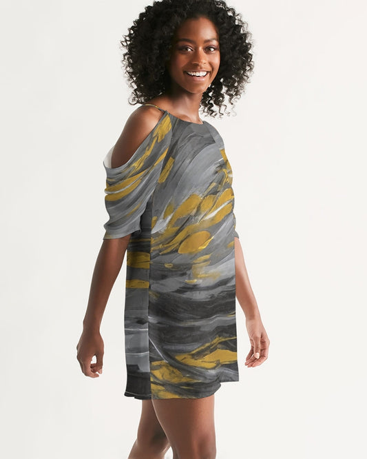 Black Sister Collection [Part 1 ] Women's All-Over Print Open Shoulder A-Line Dress