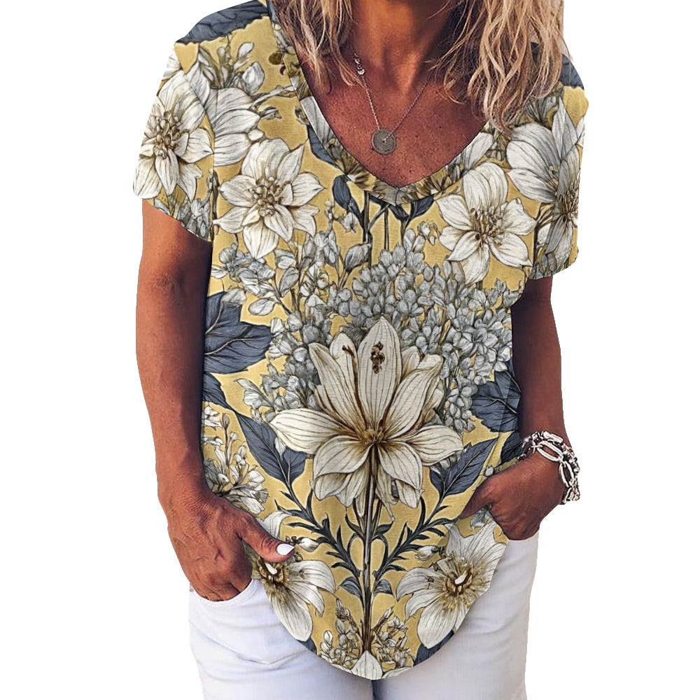 2024 New V Neck Short-sleeve Women Shirt Printed