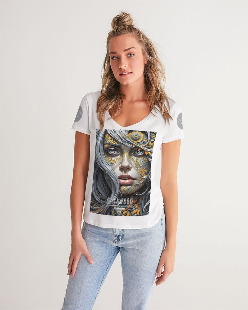 Sweet Silver Yellow Flower Grey Hair sister.[Part three] Women's All-Over Print V-Neck Tee