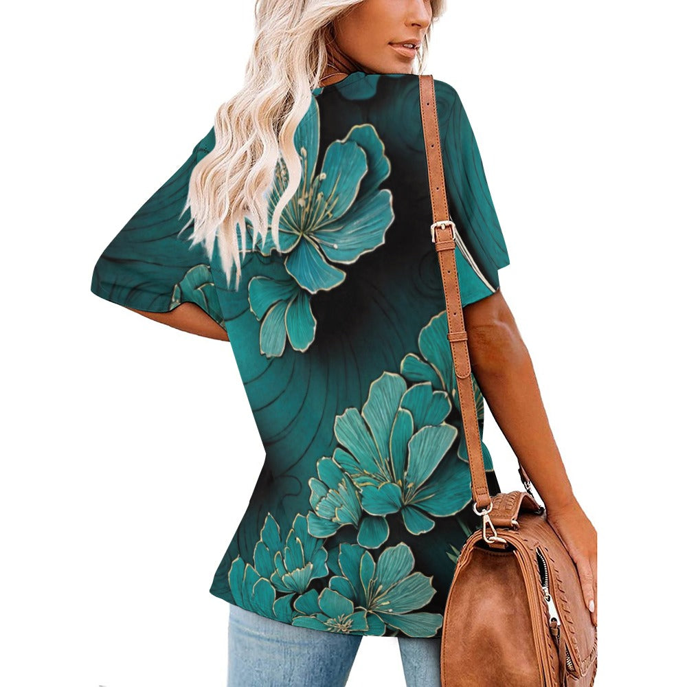 2024 New V Neck Short-sleeve Women Shirt Printed