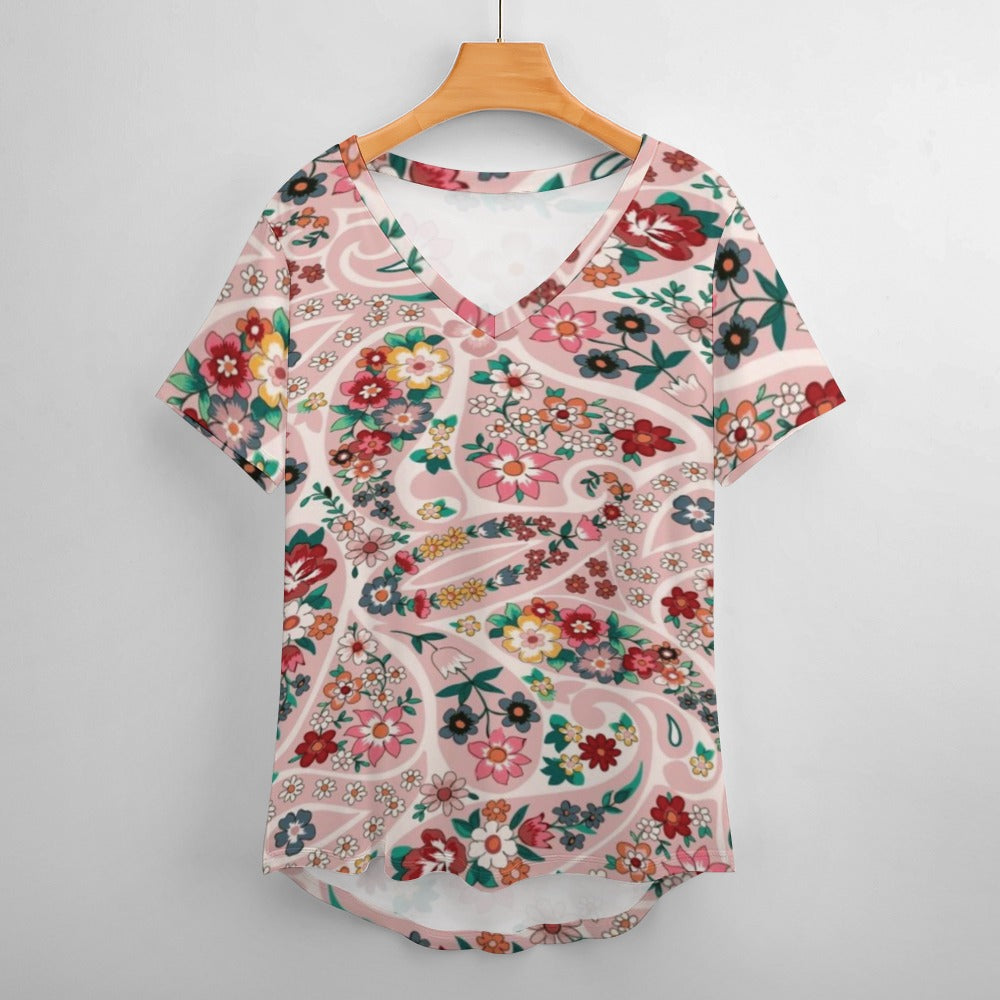 2024 New V Neck Short-sleeve Women Shirt Printed