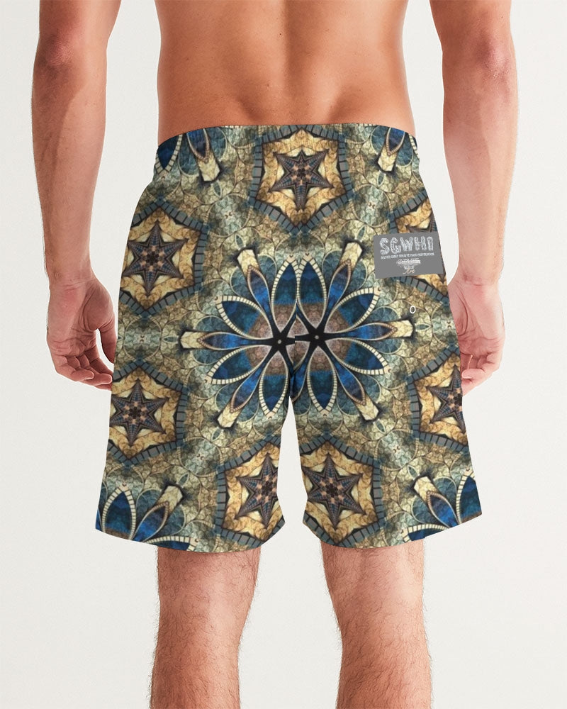 Green & Dark Blue almost star pattern. Men's All-Over Print Swim Trunk