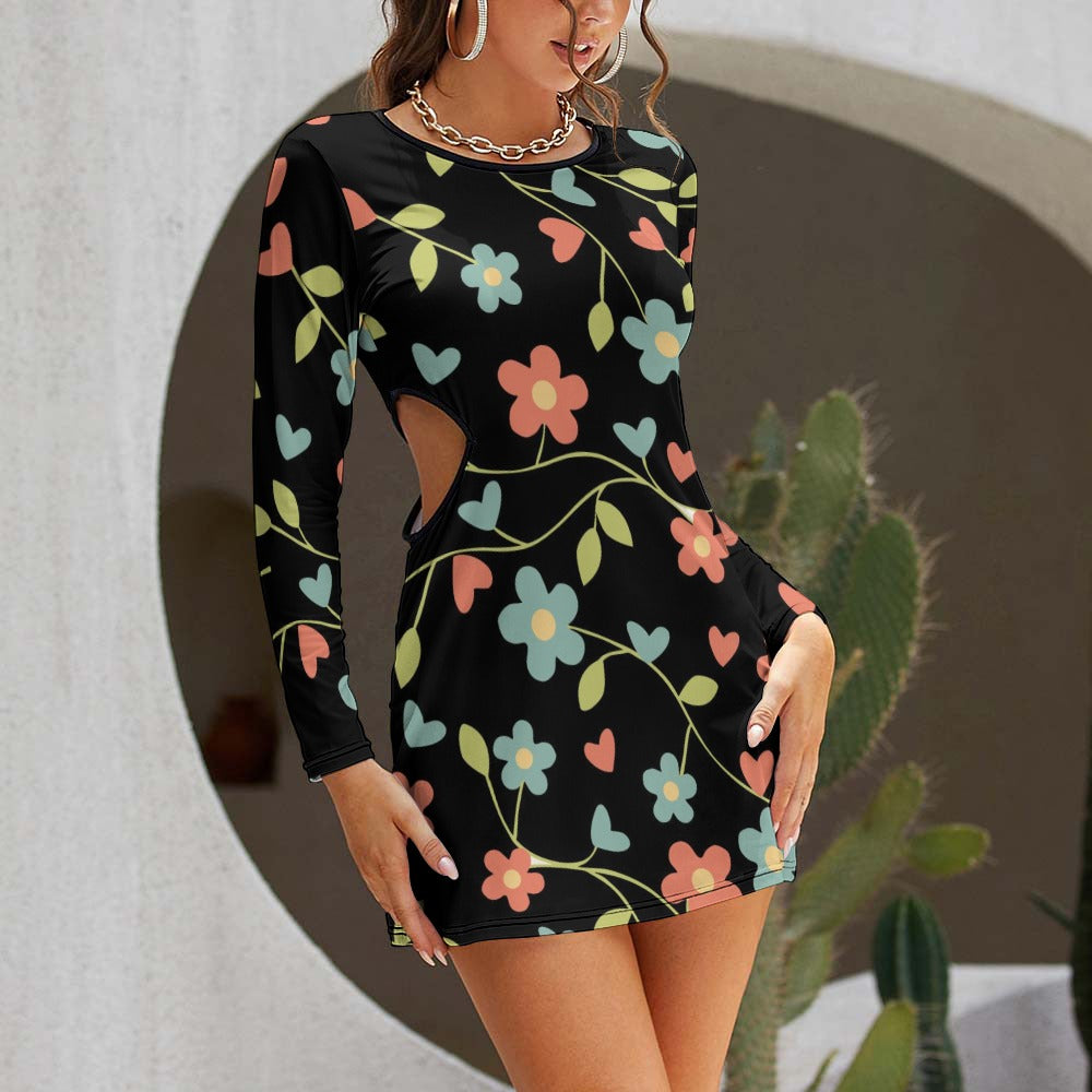 Ladies Long Sleeve Waist Cutout Slim Dress