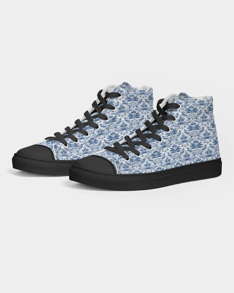 light blue Royal patten  Men's Hightop Canvas Shoe - Black