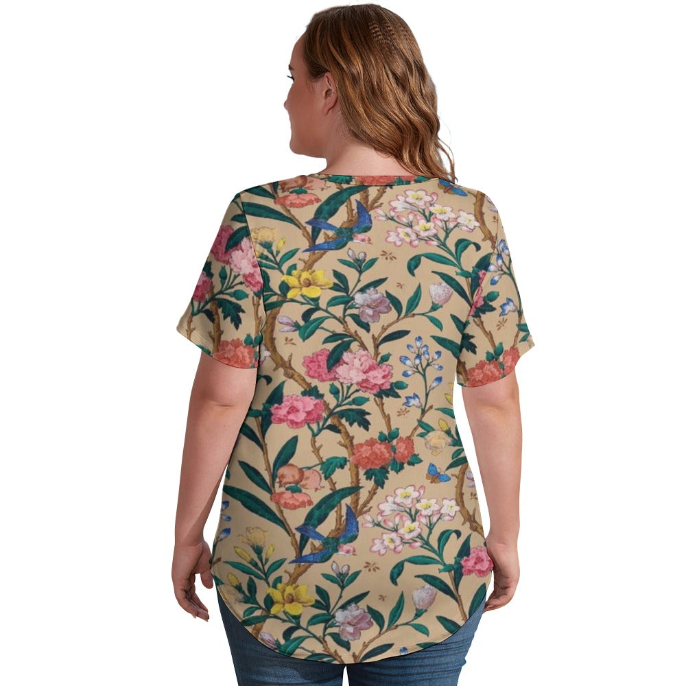 2024 New V Neck Short-sleeve Women Shirt Printed