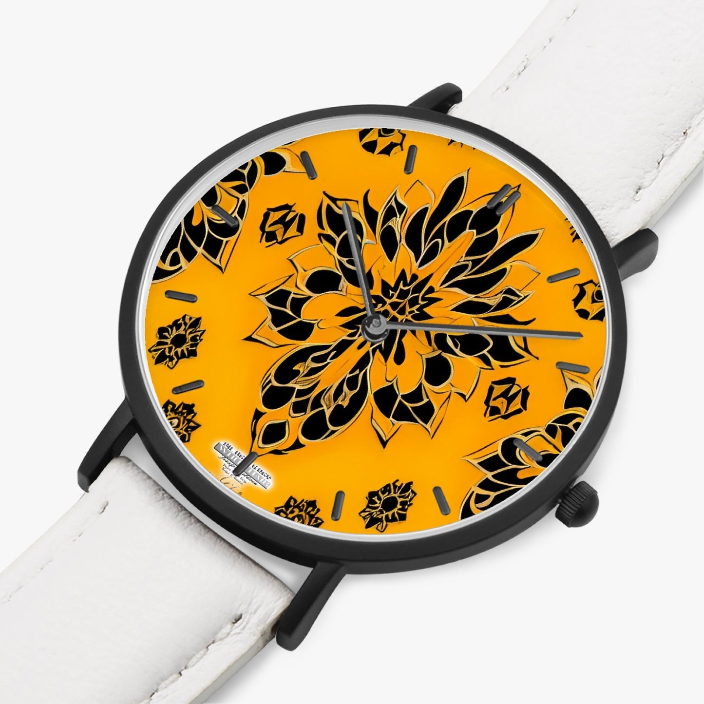 Orange and black royal pattern Hot Selling Ultra-Thin Leather Strap Quartz Watch (Black With Indicators)