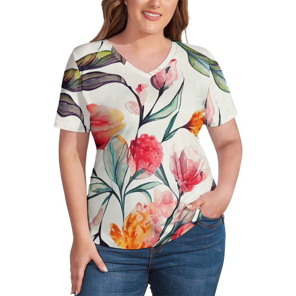 2024 New V Neck Short-sleeve Women Shirt Printed