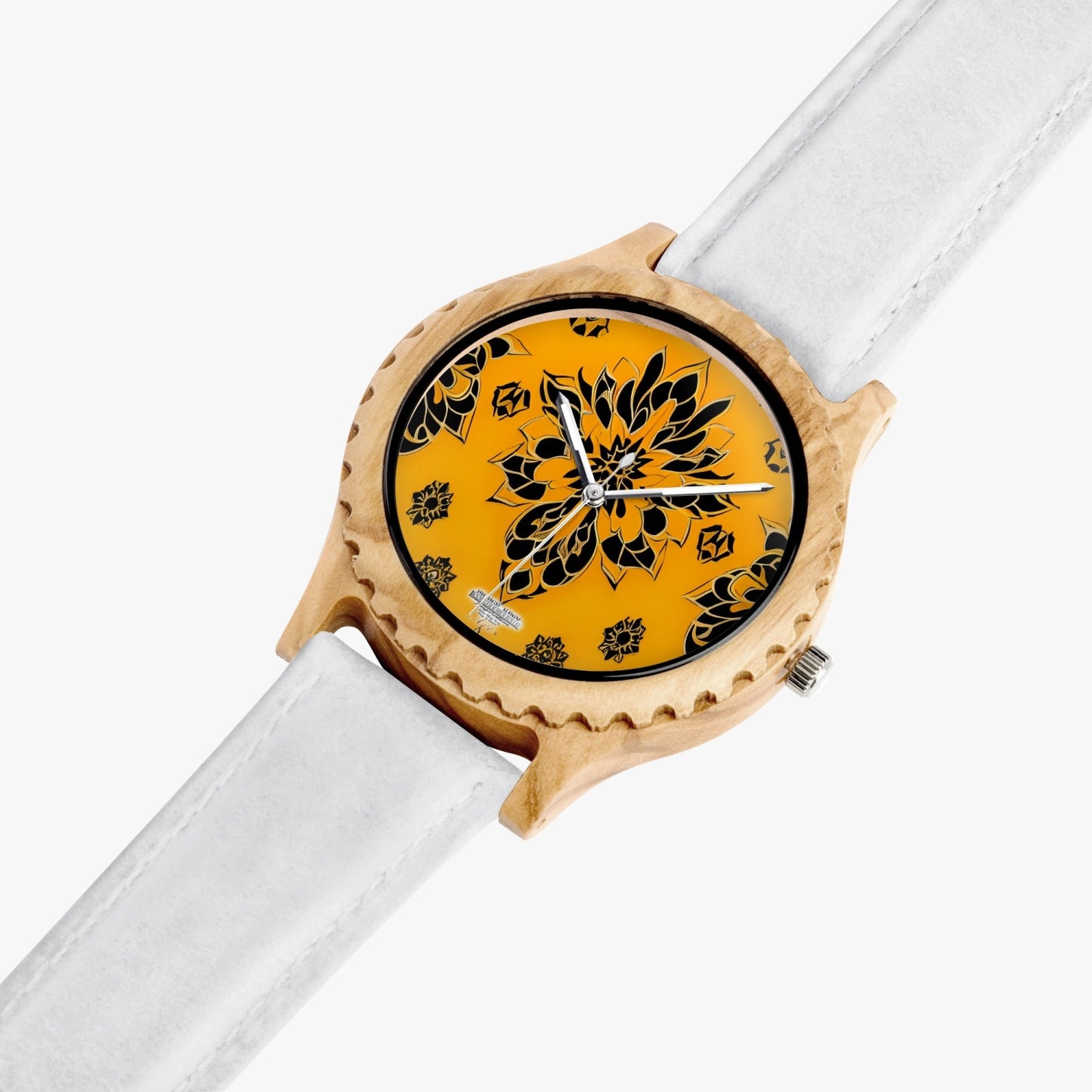 Orange and black royal pattern Italian Olive Lumber Wooden Watch - Leather Strap