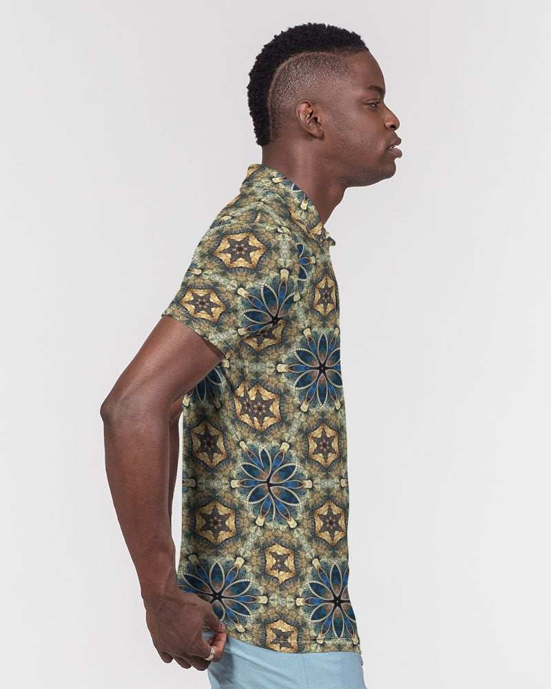 Green & Dark Blue almost star pattern. Men's All-Over Print Slim Fit Short Sleeve Polo