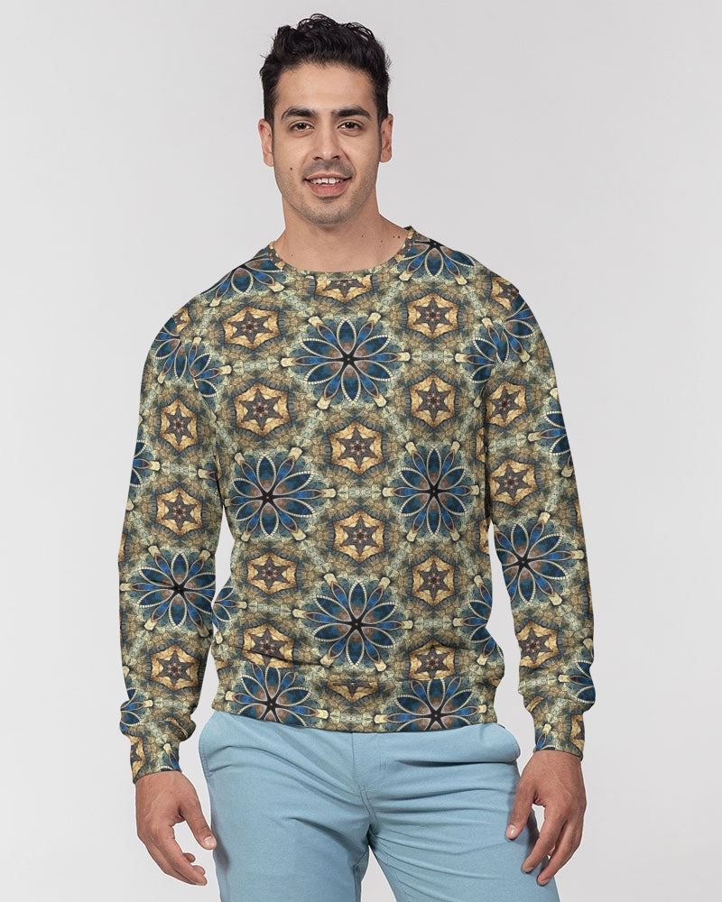 Green & Dark Blue almost star pattern. Men's All-Over Print Classic French Terry Crewneck Pullover