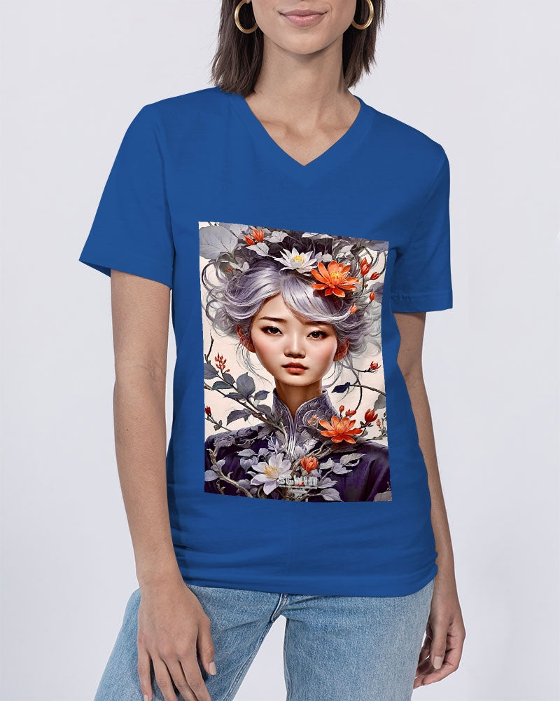 Beautiful Asian woman grey hair blossom Unisex Jersey V-Neck Tee | Bella + Canvas