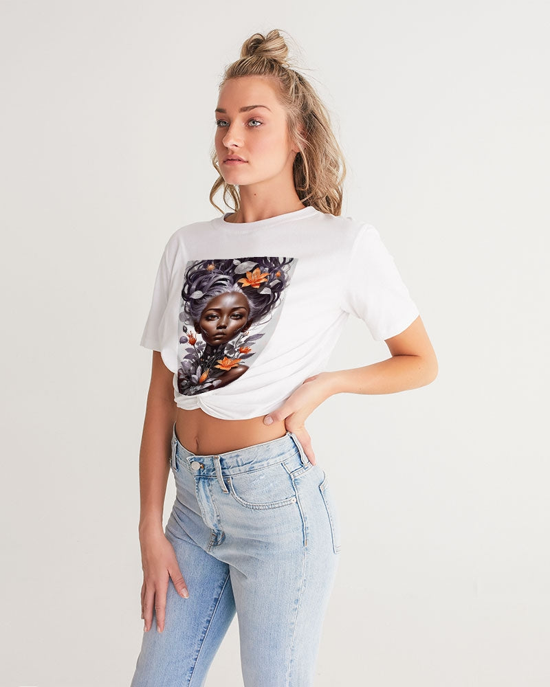 Beautiful black silver grey hair blossom women Women's All-Over Print Twist-Front Cropped Tee