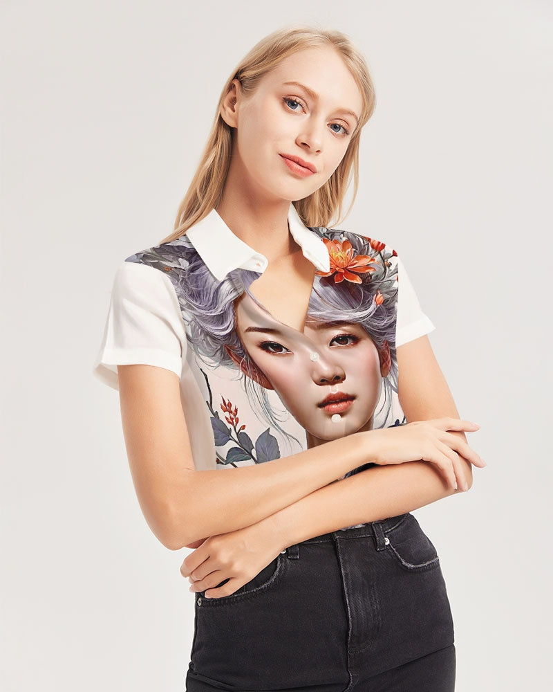 Beautiful Asian woman grey hair blossom Women's All-Over Print Short Sleeve Button Up