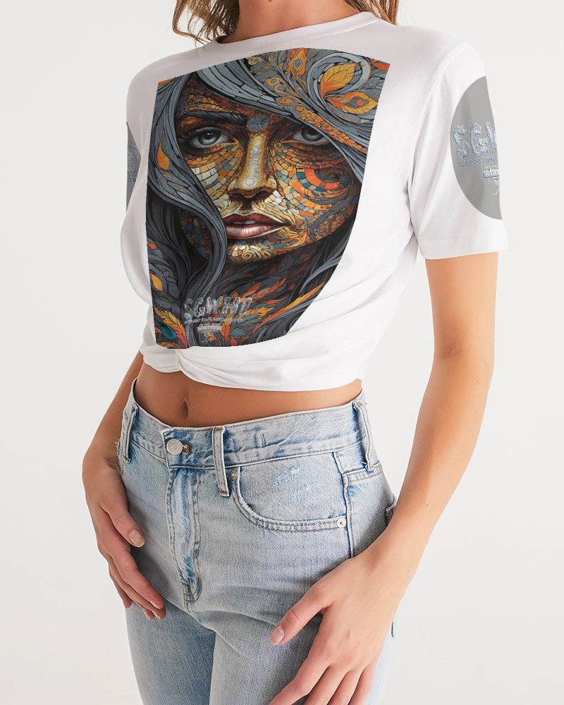 Beautiful Mosaic White Sister  Women's All-Over Print Twist-Front Cropped Tee