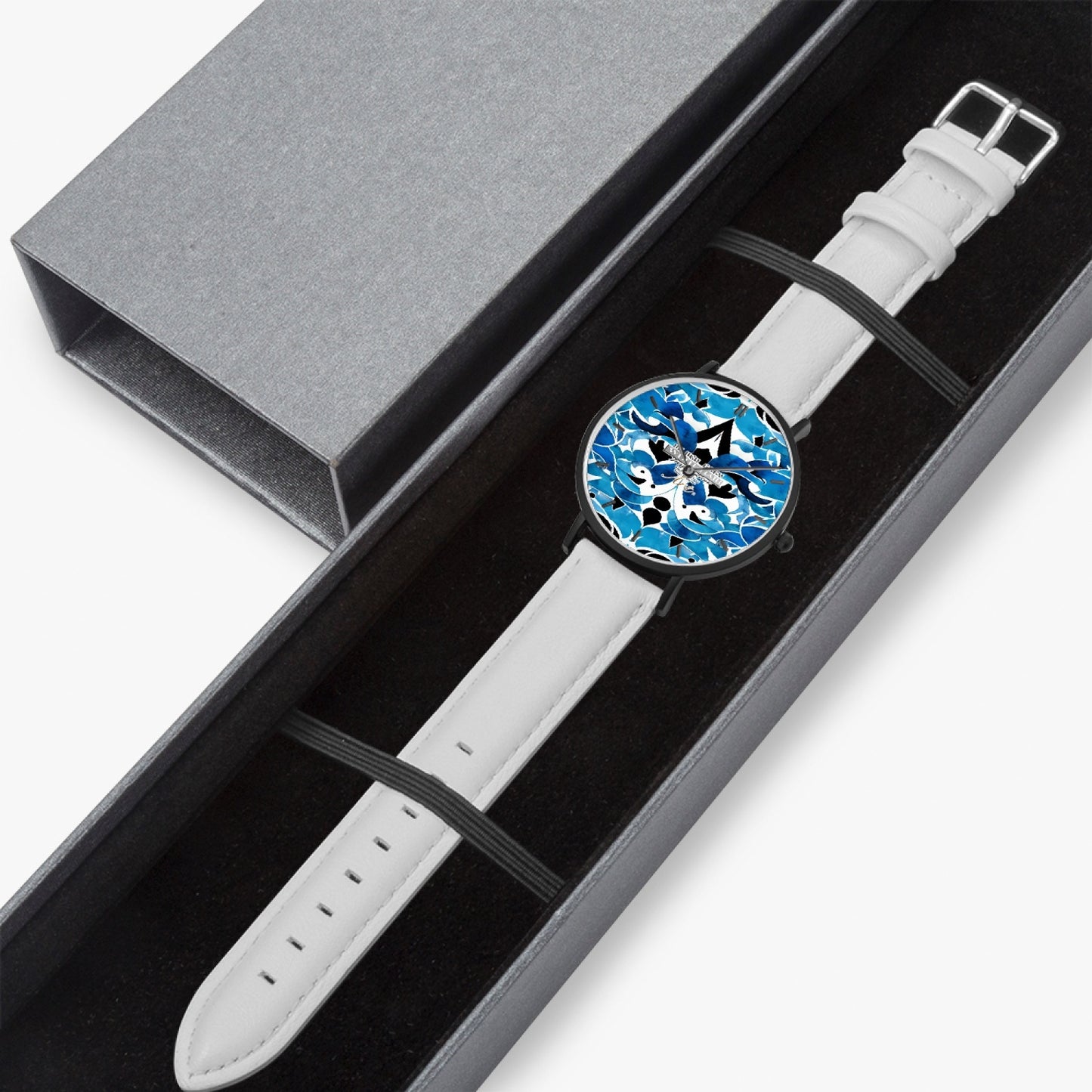 Blue abstract pattern Hot Selling Ultra-Thin Leather Strap Quartz Watch (Black With Indicators)